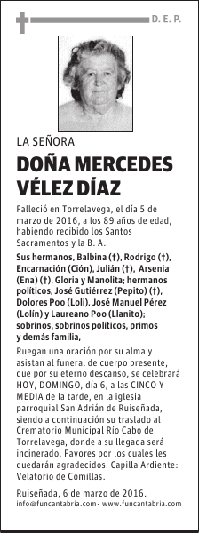 DOÑA MERCEDES VÉLEZ DÍAZ