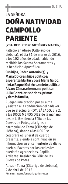DOÑA. NATIVIDAD CAMPOLLO PARIENTE