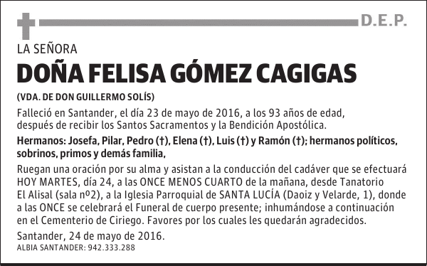 DOÑA FELISA GÓMEZ CAGIGAS