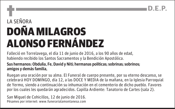 DOÑA MILAGROS ALONSO FERNÁNDEZ