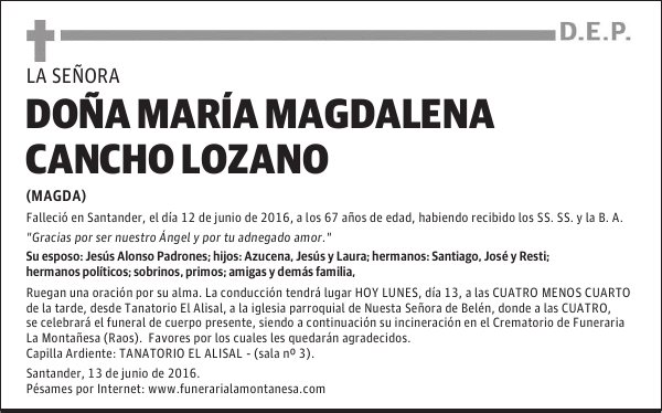 DOÑA MARÍA MAGDALENA CANCHO LOZANO