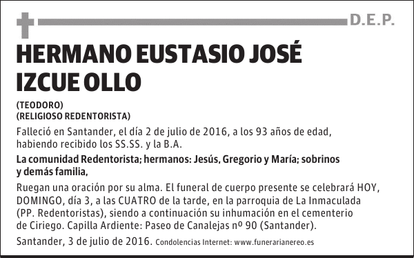 HERMANO EUSTASIO JOSE IZCUE OLLO