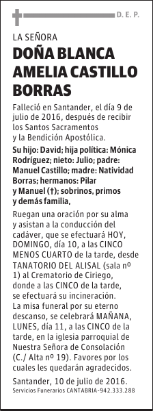 DOÑA BLANCA AMELIA CASTILLO BORRAS