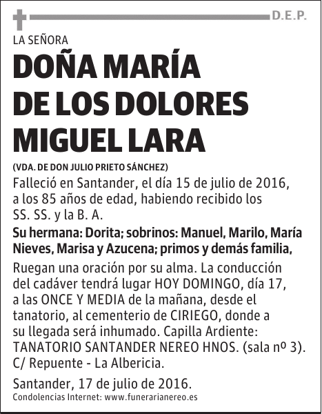 DOÑA MARÍA DE LOS DOLORES MIGUEL LARA