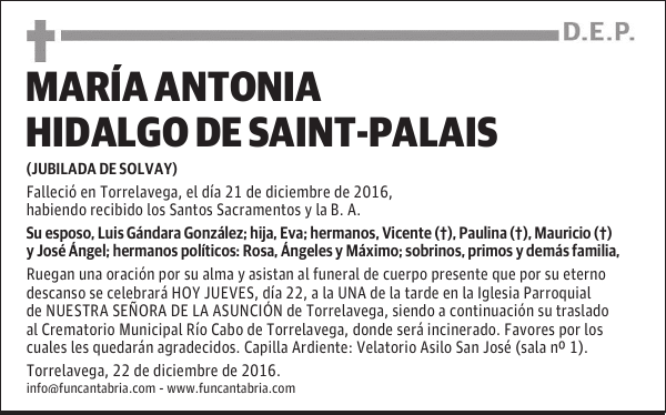 MARÍA ANTONIA HIDALGO DE SAINT-PALAIS
