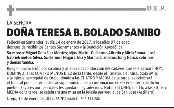 DOÑA TERESA B. BOLADO SANIBO