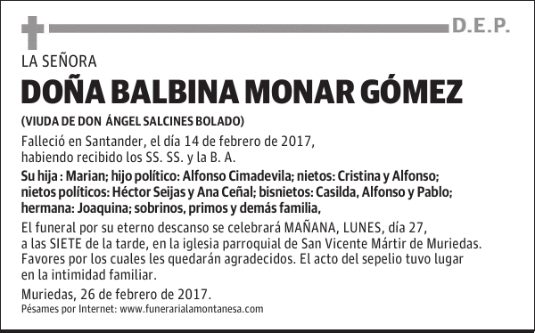 DOÑA BALBINA MONAR GÓMEZ