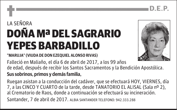 DOÑA M DEL SAGRARIO YEPES BARBADILLO