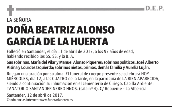 DOÑA BEATRIZ ALONSO GARCÍA DE LA HUERTA