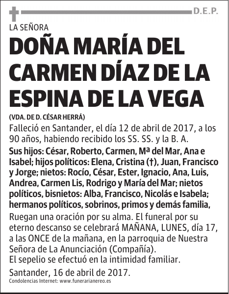 DOÑA MARÍA DEL CARMEN DÍAZ DE LA ESPINA DE LA VEGA
