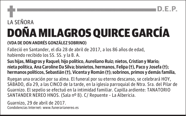 DOÑA MILAGROS QUIRCE GARCÍA