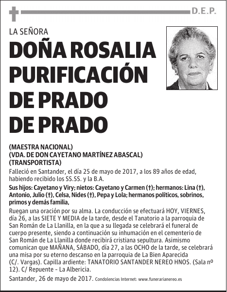 DOÑA ROSALIA PURIFICACIÓN DE PRADO DE PRADO