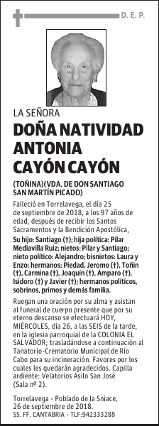 DOÑA NATIVIDAD ANTONIA CAYÓN CAYÓN