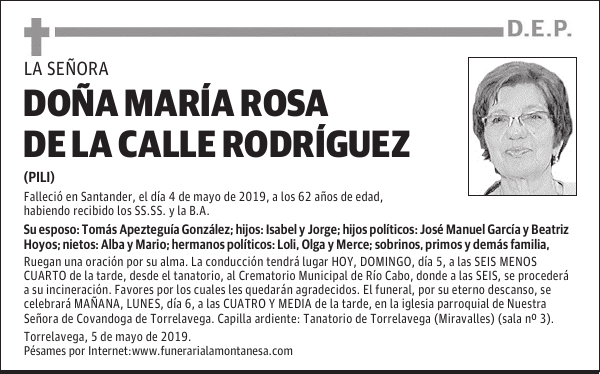 DOÑA MARÍA ROSA DE LA CALLE RODRÍGUEZ