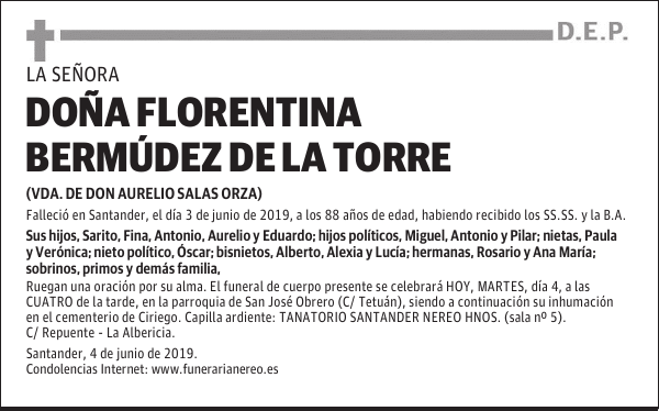 DOÑA FLORENTINA BERMÚDEZ DE LA TORRE