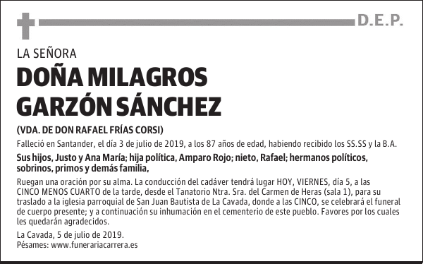 DOÑA MILAGROS GARZÓN SÁNCHEZ