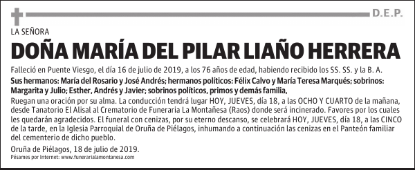 DOÑA MARÍA DEL PILAR LIAÑO HERRERA