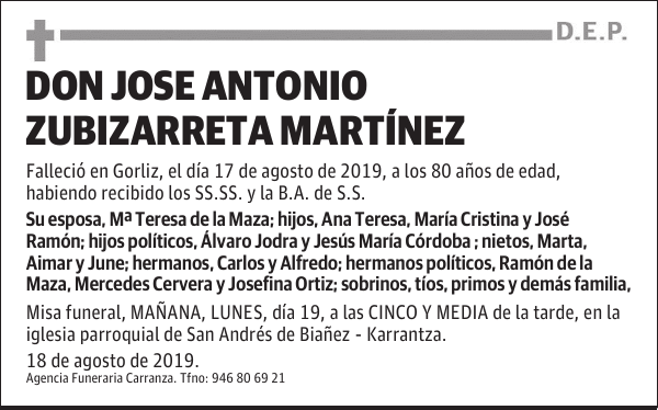 DON JOSE ANTONIO ZUBIZARRETA MARTÍNEZ