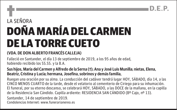 DOÑA MARÍA DEL CARMEN DE LA TORRE CUETO