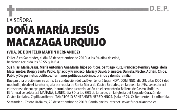 DOÑA MARÍA JESÚS MACAZAGA URQUIJO