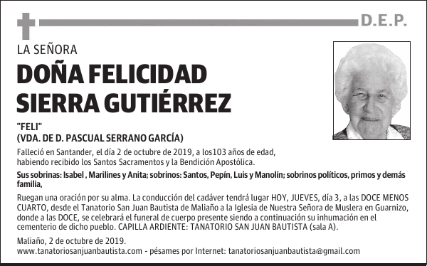 DOÑA FELICIDAD SIERRA GUTIÉRREZ