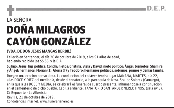 DOÑA MILAGROS CAYÓN GONZÁLEZ