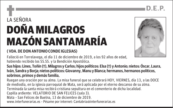 DOÑA MILAGROS MAZÓN SANTAMARÍA