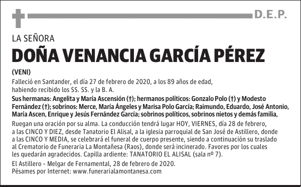 DOÑA VENANCIA GARCÍA PÉREZ