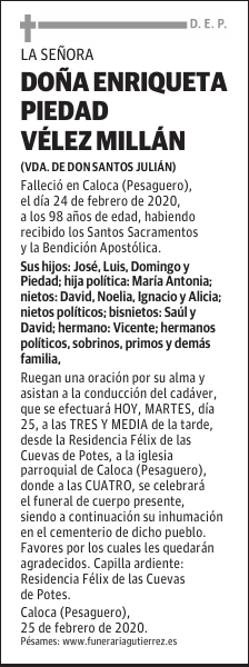 DOÑA ENRIQUETA PIEDAD VÉLEZ MILLÁN