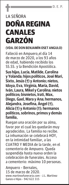 DOÑA REGINA CANALES GARZÓN
