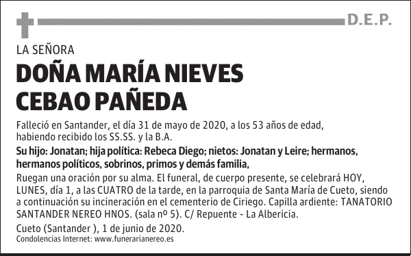 DOÑA MARÍA NIEVES CEBAO PAÑEDA