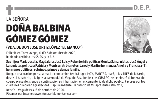 DOÑA BALBINA GÓMEZ GÓMEZ