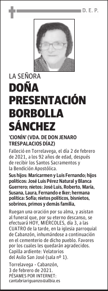 DOÑA PRESENTACIÓN BORBOLLA SÁNCHEZ
