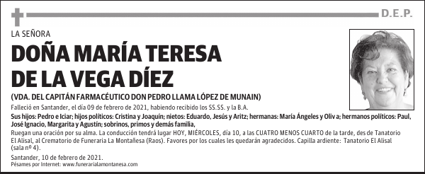 DOÑA MARÍA TERESA DE LA VEGA DÍEZ