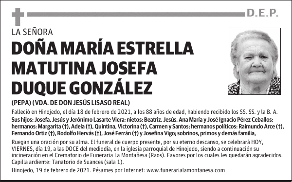 DOÑA MARÍA ESTRELLA MATUTINA JOSEFA DUQUE GONZÁLEZ