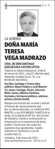 DOÑA MARÍA TERESA VEGA MADRAZO
