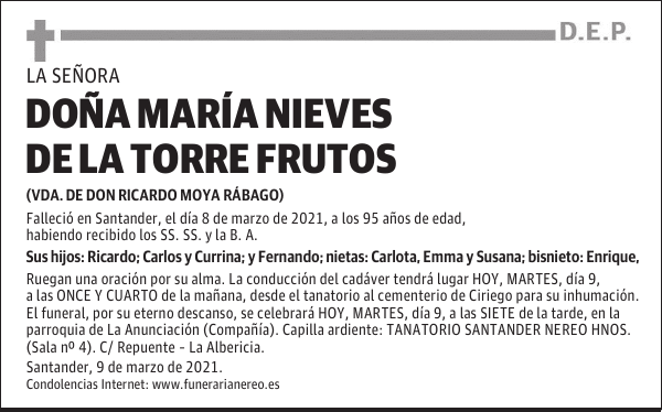 DOÑA MARÍA NIEVES DE LA TORRE FRUTOS
