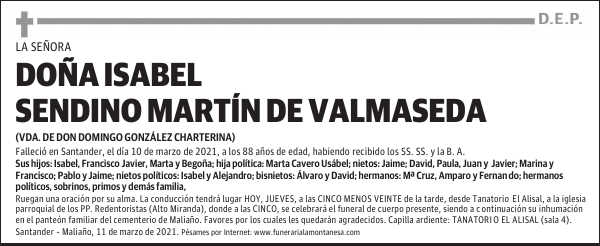 DOÑA ISABEL SENDINO MARTÍN DE VALMASEDA