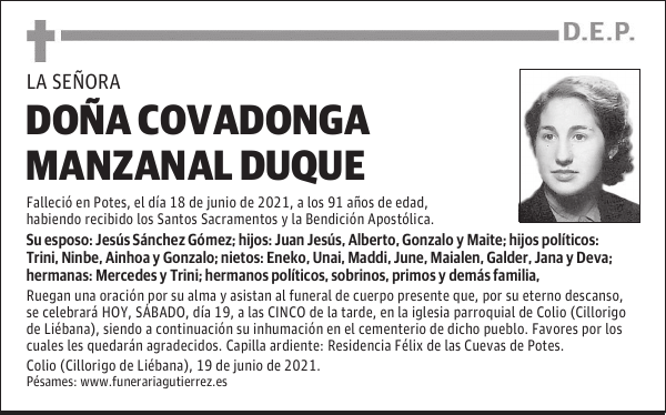 DOÑA COVADONGA MANZANAL DUQUE