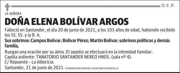 DOÑA ELENA BOLÍVAR ARGOS