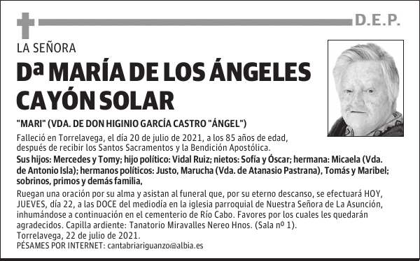 DOÑA MARÍA DE LOS ÁNGELES CAYÓN SOLAR