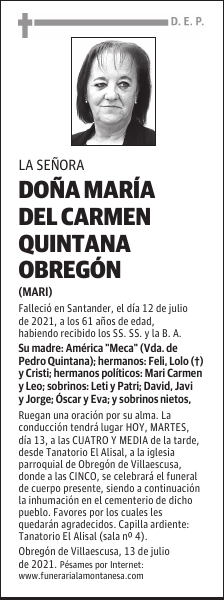 DOÑA MARÍA DEL CARMEN QUINTANA OBREGÓN