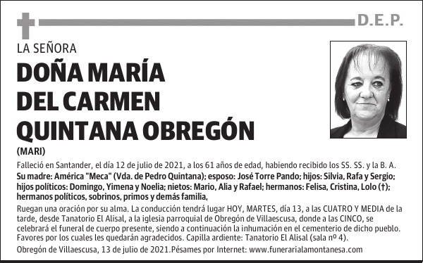 DOÑA MARÍA DEL CARMEN QUINTANA OBREGÓN