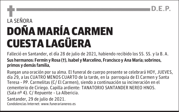 DOÑA MARÍA CARMEN CUESTA LAGÜERA