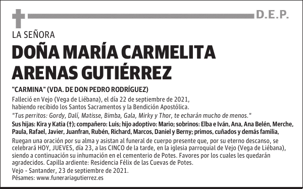 DOÑA MARÍA CARMELITA ARENAS GUTIÉRREZ