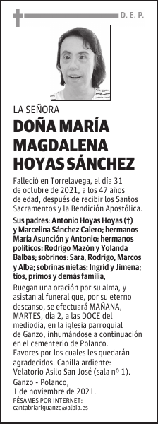 DOÑA MARÍA MAGDALENA HOYAS SÁNCHEZ
