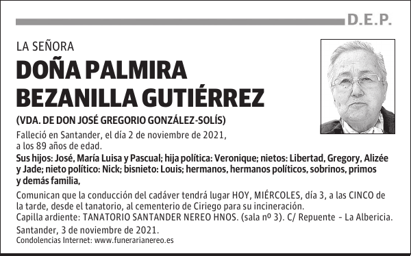 DOÑA PALMIRA BEZANILLA GUTIÉRREZ