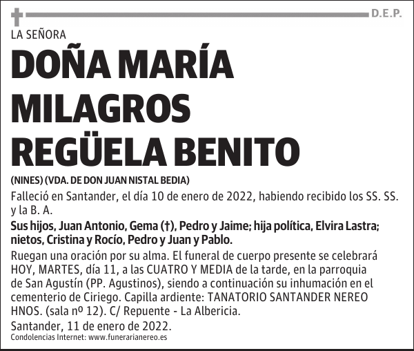 DOÑA MARÍA MILAGROS REGÜELA BENITO