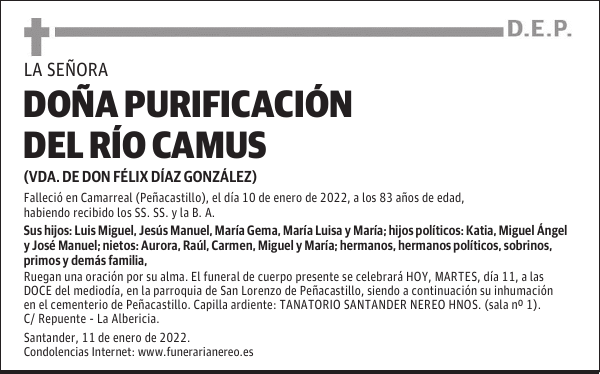 DOÑA PURIFICACIÓN DEL RÍO CAMUS