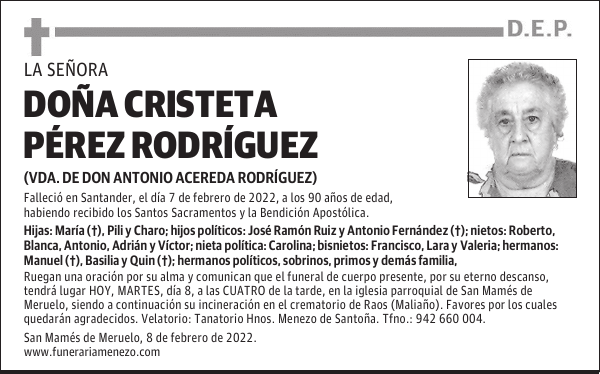 DOÑA CRISTETA PÉREZ RODRÍGUEZ